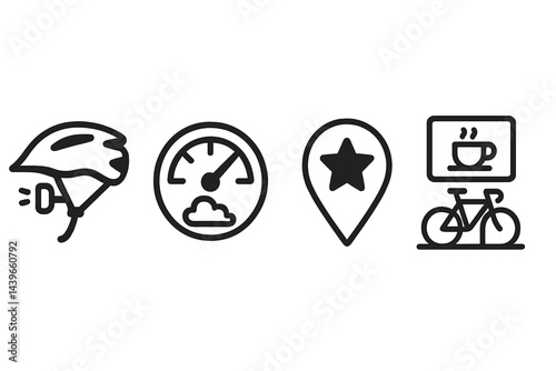 Cyclist-commute icons blending safety, environment, navigation, and rest