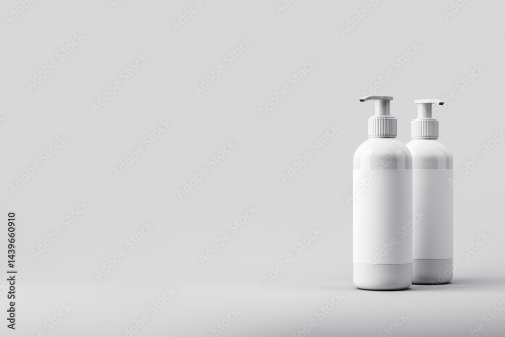 Clean mockup of two blank white pump bottles with labels for cosmetic or hygiene product branding on light grey background. 3D Rendering