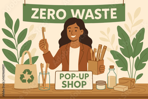 Flat eco-startup scene displaying products, signage, and curious shoppers