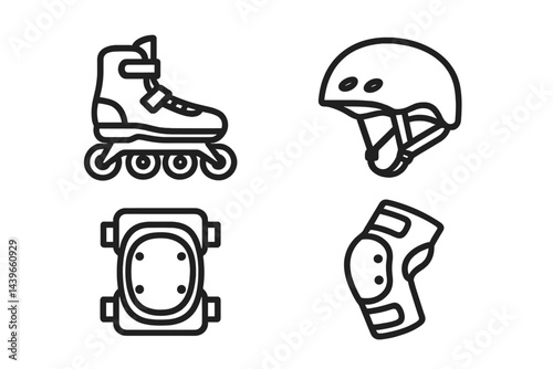 Skating-gear icons covering wheels, protection, and safety essentials