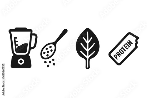 Health-drink icons featuring blender, superfoods, greens, and snacks
