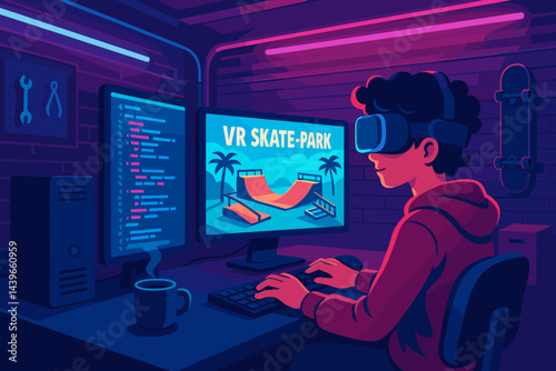 Flat indie-developer scene blending creativity, headsets, and youthful energy