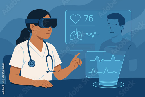 Flat telehealth scene showing MR visor, floating charts, and caring posture