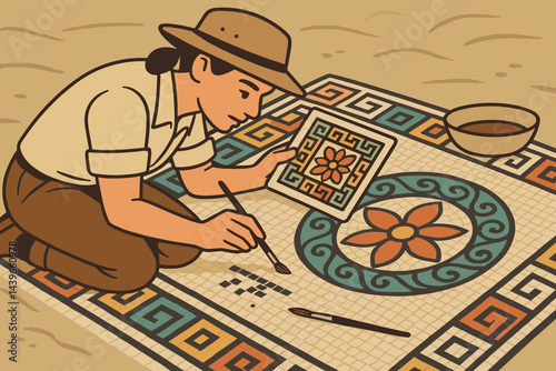 Flat heritage-care scene combining ancient art, precision tools, and digital guides