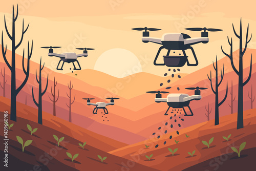 Flat eco-restoration scene featuring seeding drones, burned slope, and sunrise hope