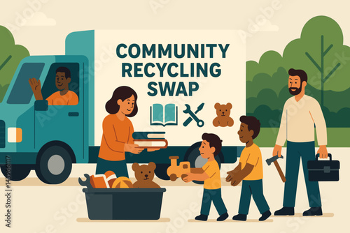 Flat circular-economy scene depicting mobile swap, sharing, and joy
