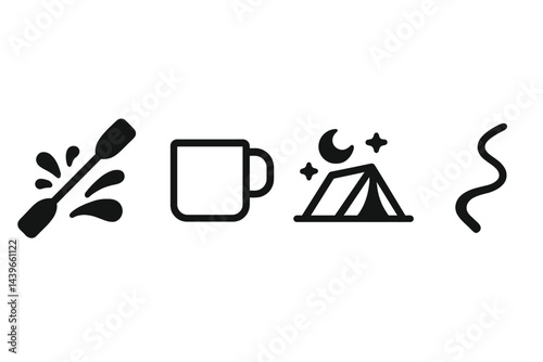 Outdoor-gear icons blending water, warmth, shelter, and navigation