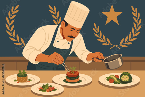 Flat gourmet-event scene featuring artistic vegan plates and elegance