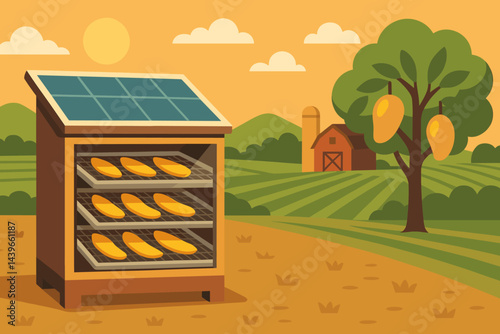 Flat sustainable-processing scene linking sun energy, fruit, and rural life