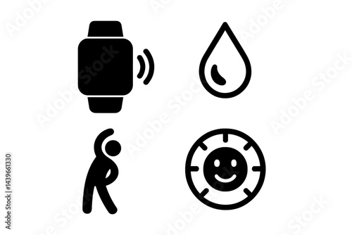 Self-care icons merging alerts, water, movement, and emotion tracking
