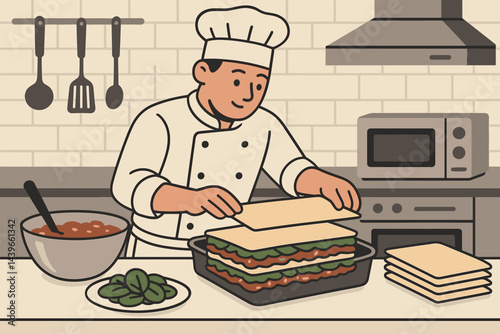 Flat culinary-innovation scene showing colorful veggie layers, herbs, and modern gear