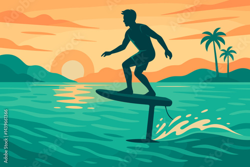 Flat water-sport scene combining e-foil board, wake trail, and pastel dawn sky