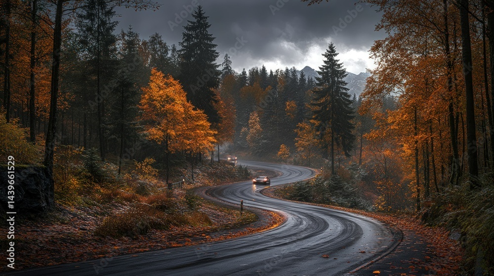 Obraz premium Autumns Winding Path Road through Colorful Forest