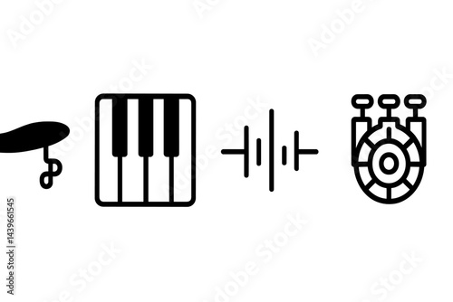 Instrument-study icons covering strings, keys, rhythm, and brass