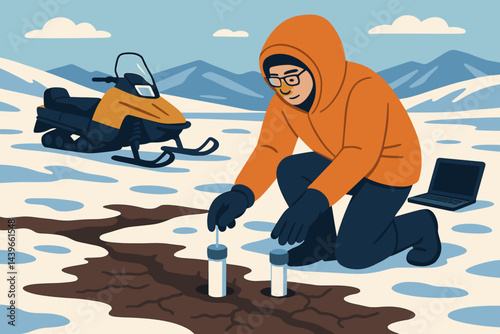 Flat Arctic-field scene linking sensors, icy soil, and rugged transport