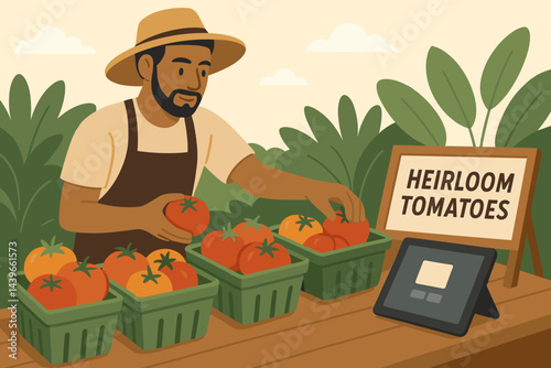 Flat farm-to-market scene linking colorful produce, pricing tags, and digital checkout