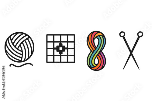 Yarn-craft icons mixing material, pattern, color, and tool