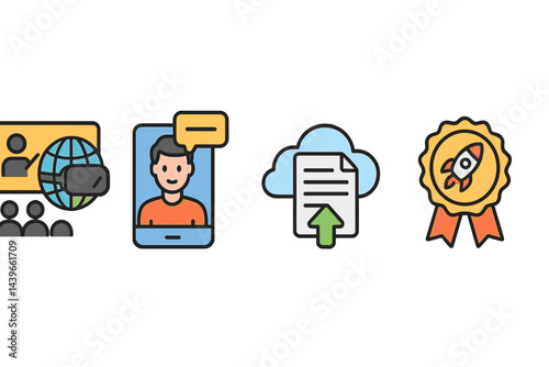 Online-education icons combining space, mentor, submission, and reward