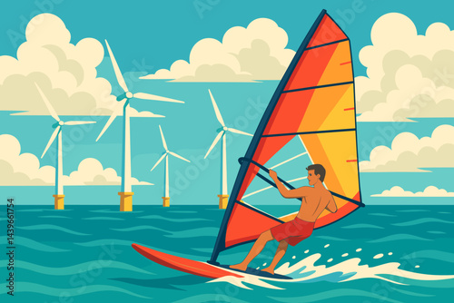 Flat action-sport scene pairing renewable energy and ocean thrill