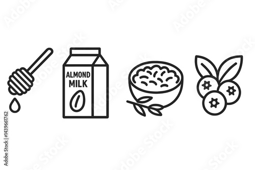 Vegan-breakfast icons showcasing natural sweetener, dairy-free drink, grains, and fruit