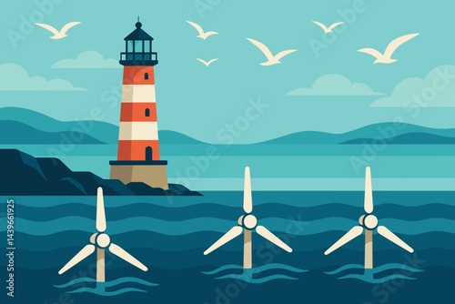 Flat renewable-marine scene uniting lighthouse, turbines, and wildlife