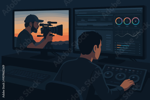 The scene showing post-production is flat and emphasizes the creative use of color and the focus on technology