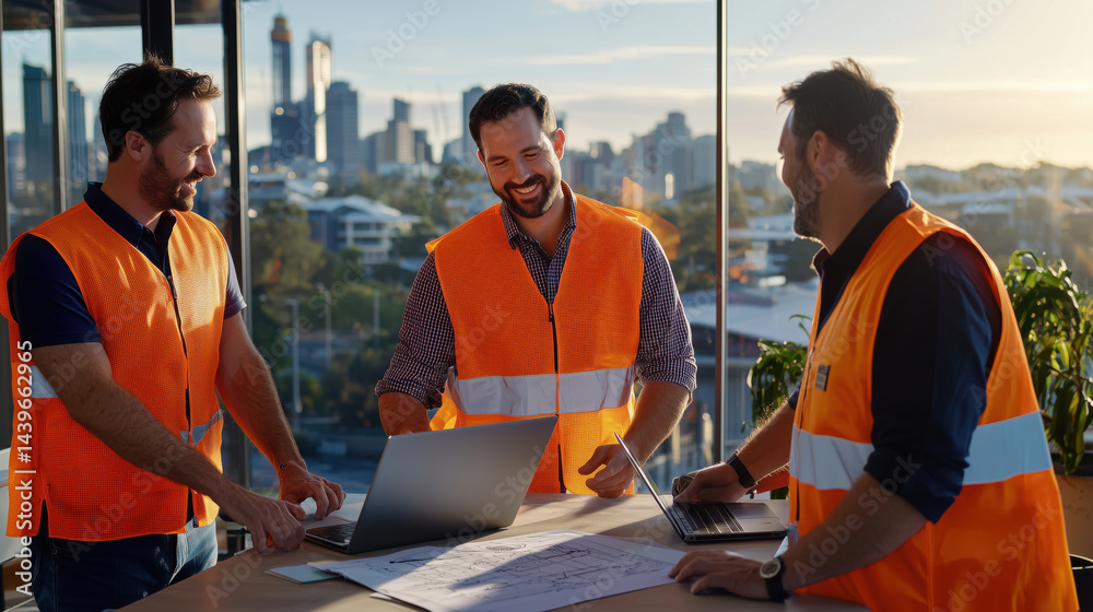 Group of cheerful construction workers collaborating on a project in a modern office with city skyline view through large windows at sunset Group of cheerful construction workers collaborating on a project in a modern office with city skyline view through large windows at sunset