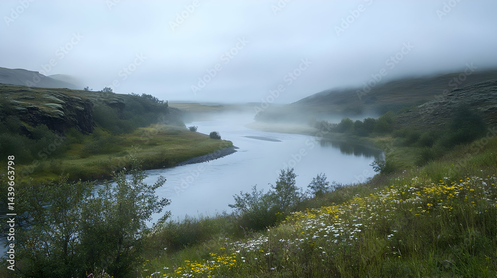 Fototapeta premium Misty River Landscape: Serene Nature Photography