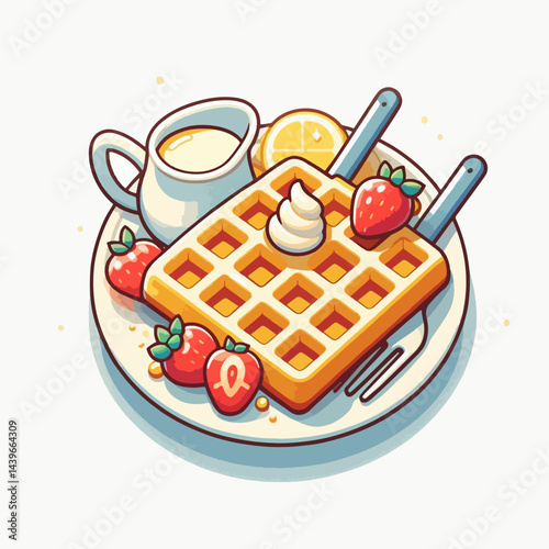 Graphic illustration of a waffle with strawberries, whipped cream, lemon, and a cream sauce, artfully arranged on a plate.