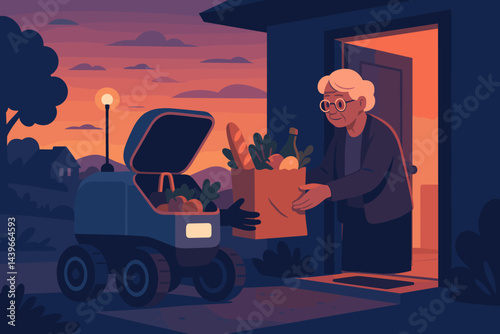 The scene depicts a flat last-mile setting where a robot is delivering a package curbside, illuminated by soft lighting and filled with gratitude