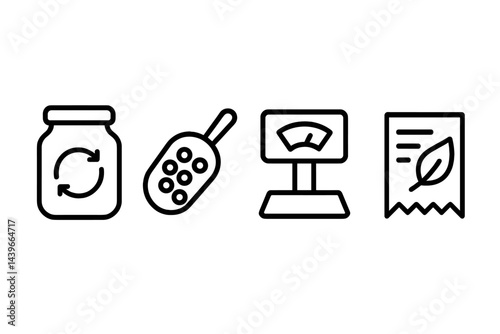 Icons for waste-free shopping emphasize container, dispense, weigh, and proof