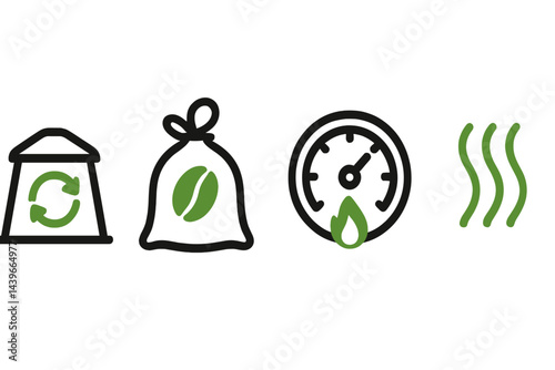 Icons representing coffee sustainability encompass capsule, supply, roast, and scent aspects