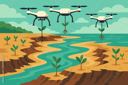 The scene depicted a flat landscape with restoration technology, seed pods, muddy flats, and a fleet in the sky