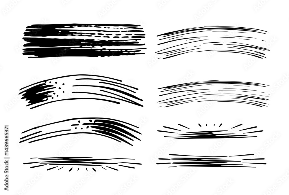 Collection of eight black and white hand drawn brush stroke design elements art silhouette Collection of eight black and white hand drawn brush stroke design elements art silhouette