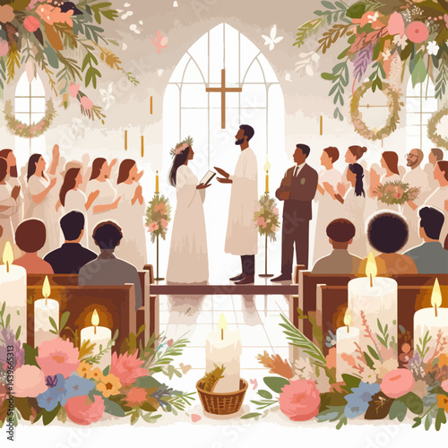 Vibrant illustration depicts a diverse couple being married in a church setting, surrounded by well-wishers and floral decorations.