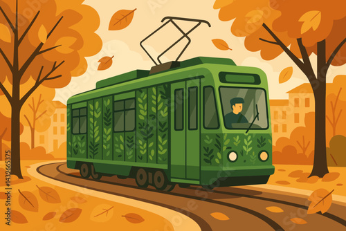 The scene of a flat green transportation system brings together a tram, a living wall, and falling leaves