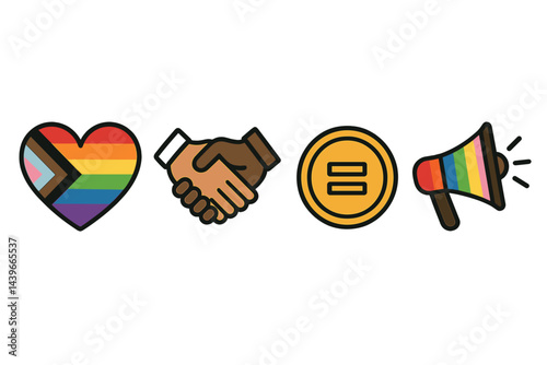 Symbols of equality in the workplace representing love, unity, fairness, and voice