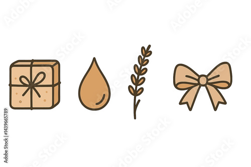 Artisan soap icons combine product, scent, herb, and packaging elements