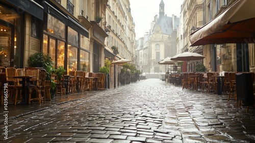 cobblestone street in Paris after rain with empty cafes and buildings