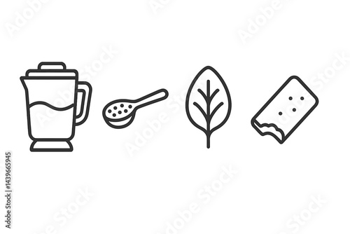 Icons of health drinks that include blenders, superfoods, greens, and snacks