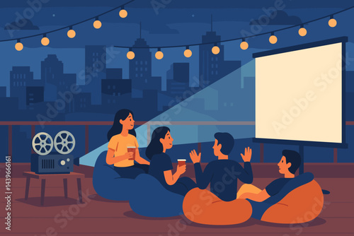 A flat urban setting with a leisurely atmosphere that includes an outdoor cinema and a social ambiance
