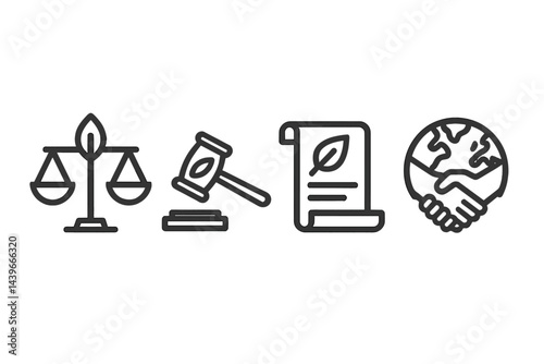 Icons of green justice that incorporate fairness, policy, partnership, and the earth