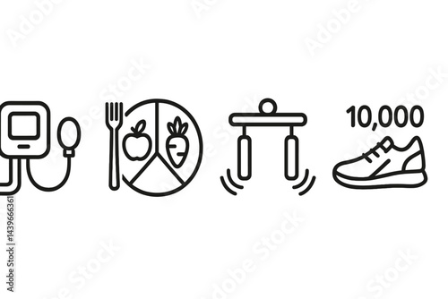 Icons of health that combine vital signs, nutrition, mental well-being, and physical activity