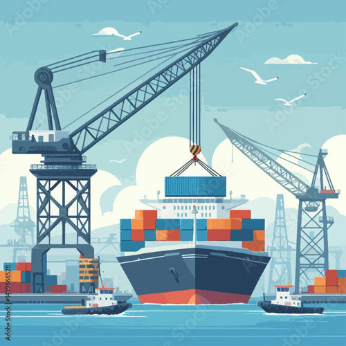 Detailed illustration of a cargo ship being loaded and unloaded at a busy harbor, with numerous cranes and support vessels.