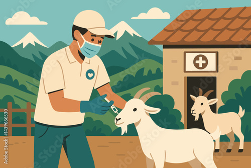 The scene is a flat depiction of a humanitarian vet in a rustic setting with elements of care and travel