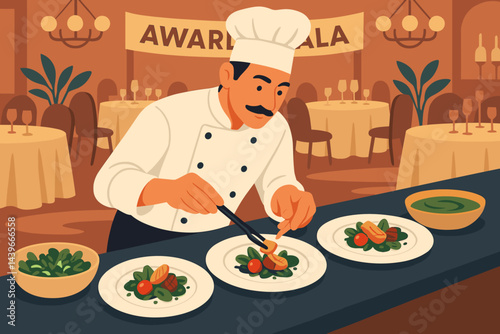 The gourmet-event scene is characterized by flatness, with a focus on artistic vegan plates and elegance