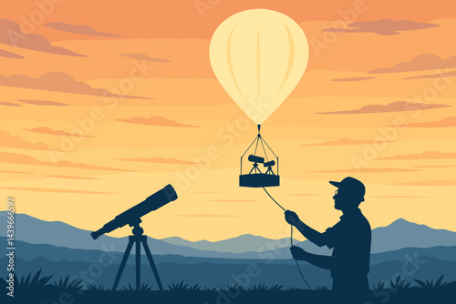 The scene depicts a flat space research setting with a balloon lift, various instruments, and soft morning light