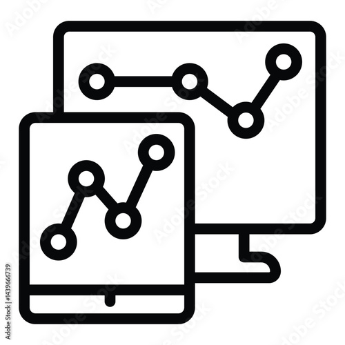 Monitor and tablet screen with chart line icon, neural dataset concept. Vector graphics. Displays with data graphs sign on white background, style for mobile or design.