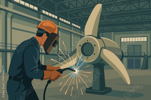 The scene depicts a flat representation of renewable engineering, complete with sparks, rotor blades, and safety gear