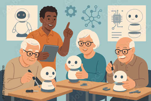 A flat scene of intergenerational learning featuring parts bins, tablets, and curiosity